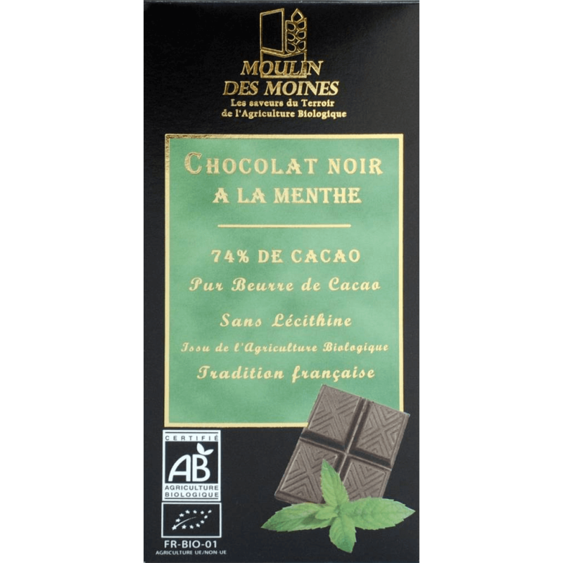 Chocolat Noir A La Menthe 74% De Cacao 100G Moulin des moines