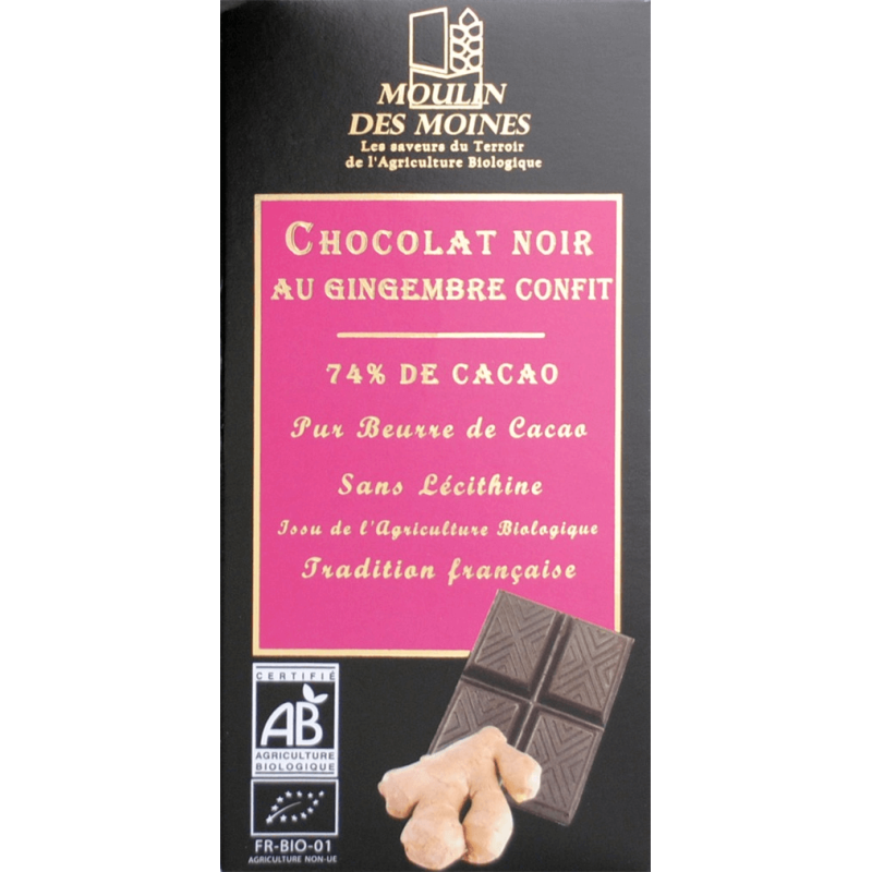 Chocolat Noir Gingembre Confit 100 Gr Moulin des moines