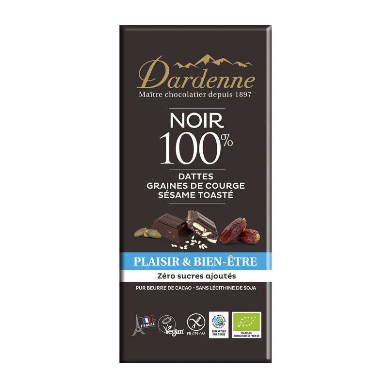 Tablette Chocolat Noir 100% Dattes Graines De Courge Sesame (90G) D...