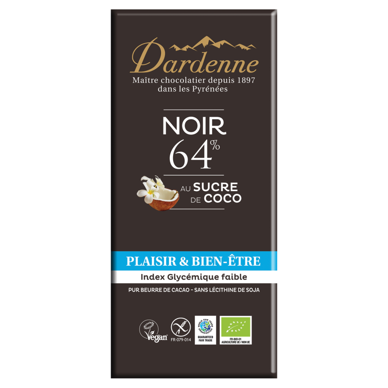 Tablette Chocolat Noir 64% Au Sucre De Coco 100% Vegetal 80Gr Dardenne